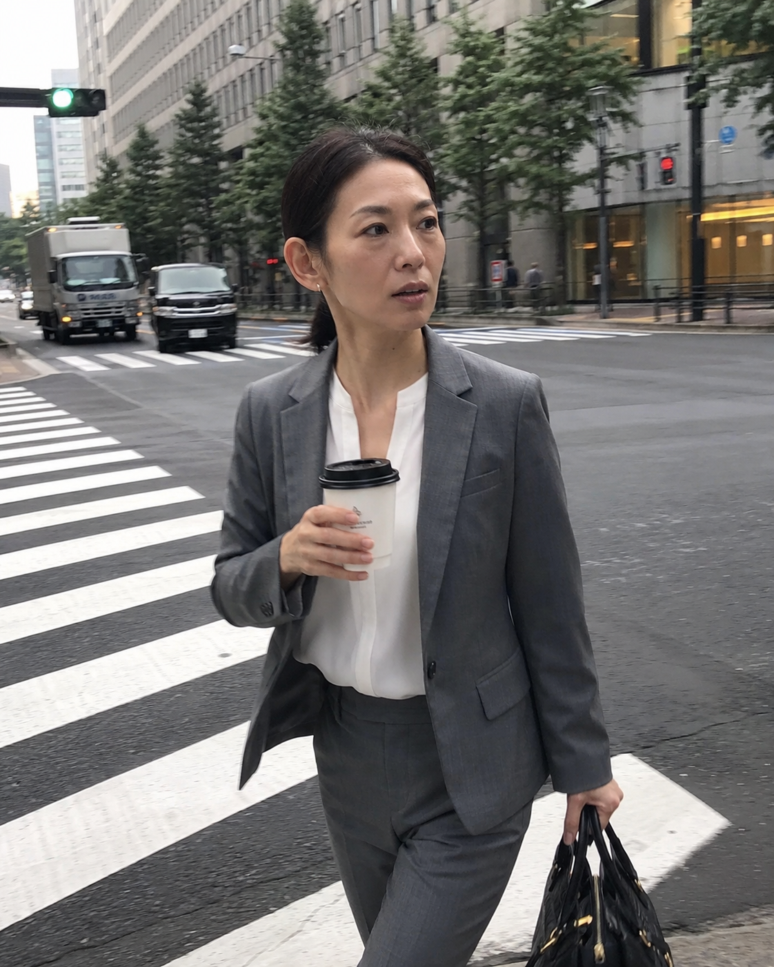 交差点を渡る仕事前の一枚