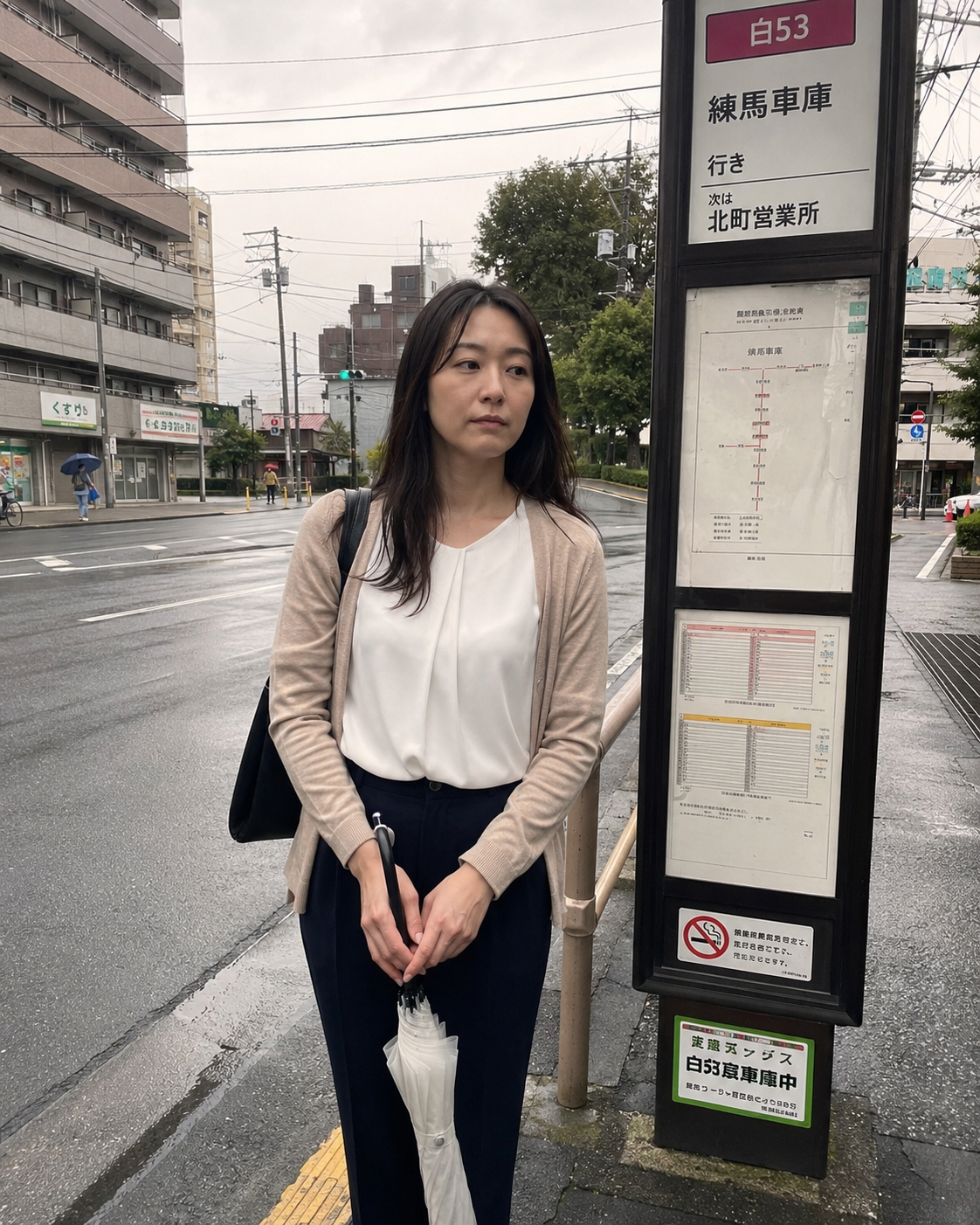 雨上がりのバス停で待つ通勤風景