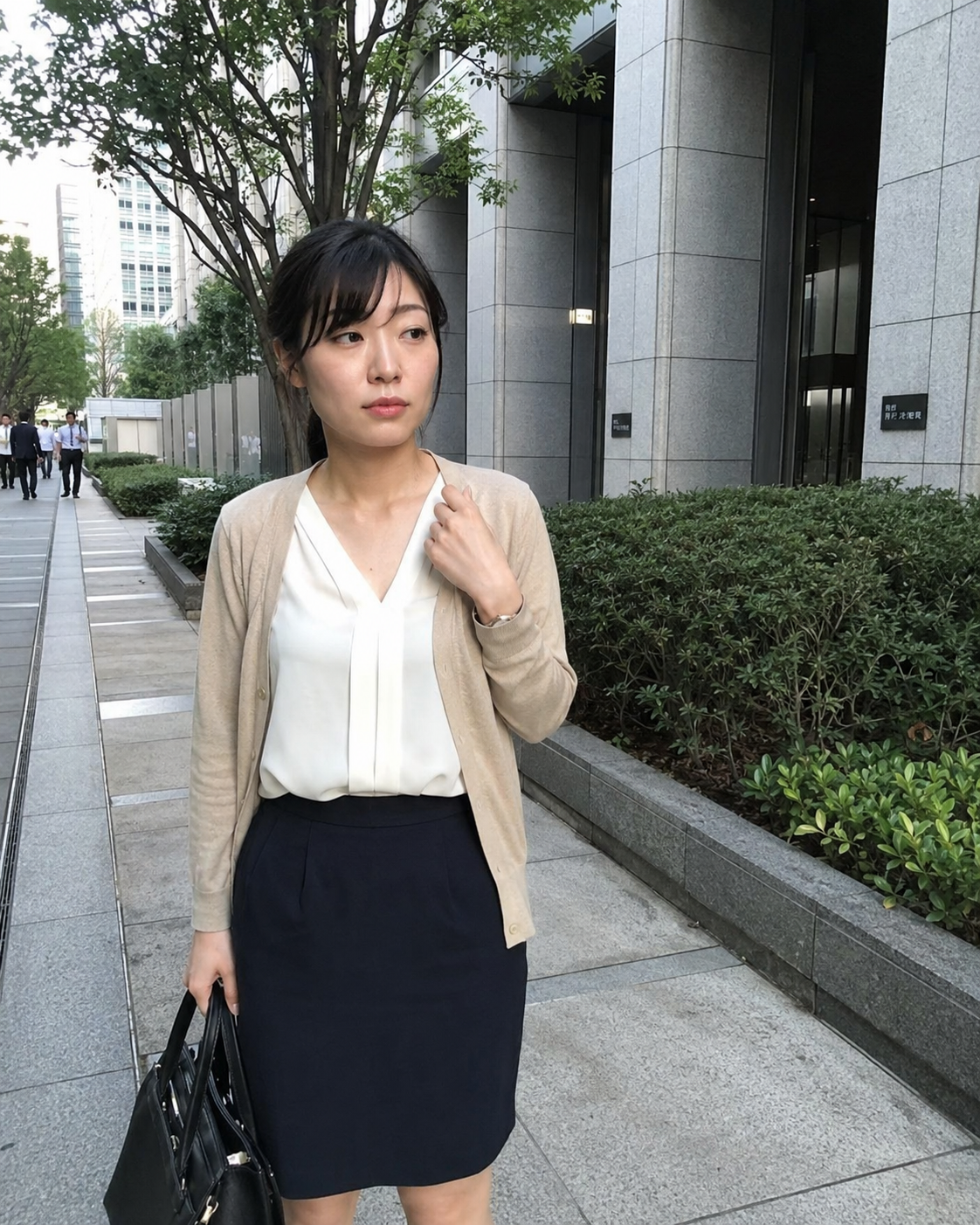 オフィス街で一息つく出勤前の一枚