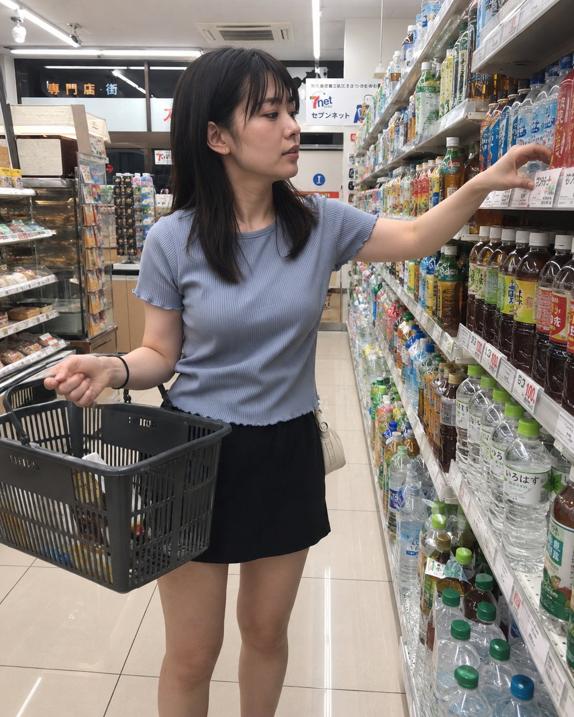 飲料の棚で商品を選ぶ女性