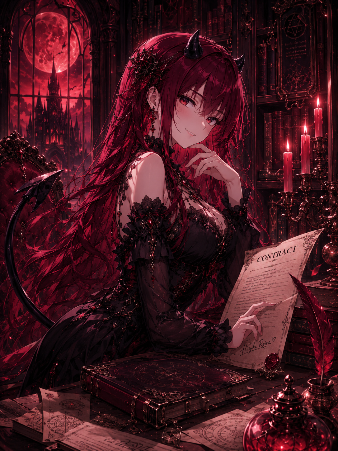 魔界の書斎で契約書を持つ緋月レイラ