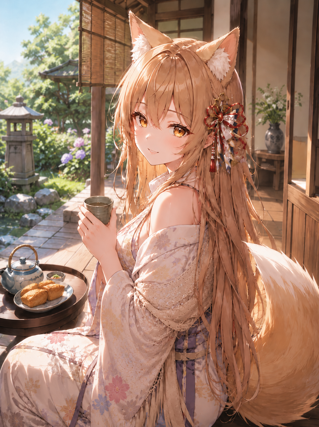 縁側でお茶を飲む狐月こより
