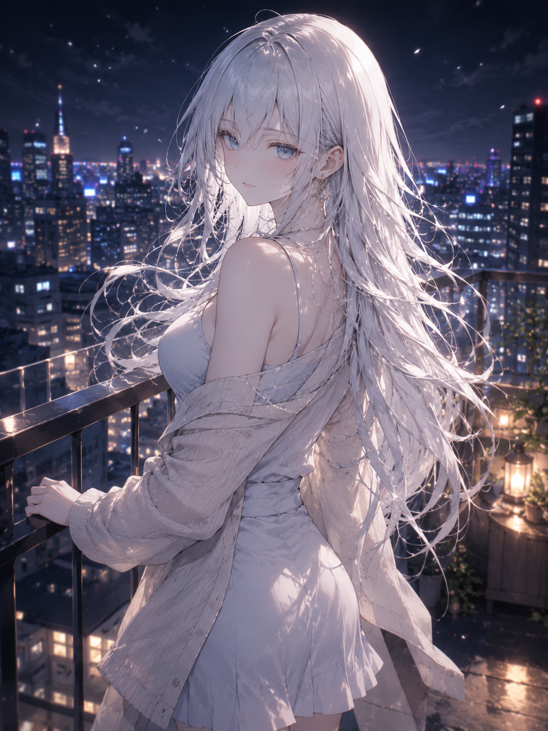 夜の屋上で振り返る白羽セラ