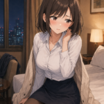 夜のホテルで視線を逸らす莉奈